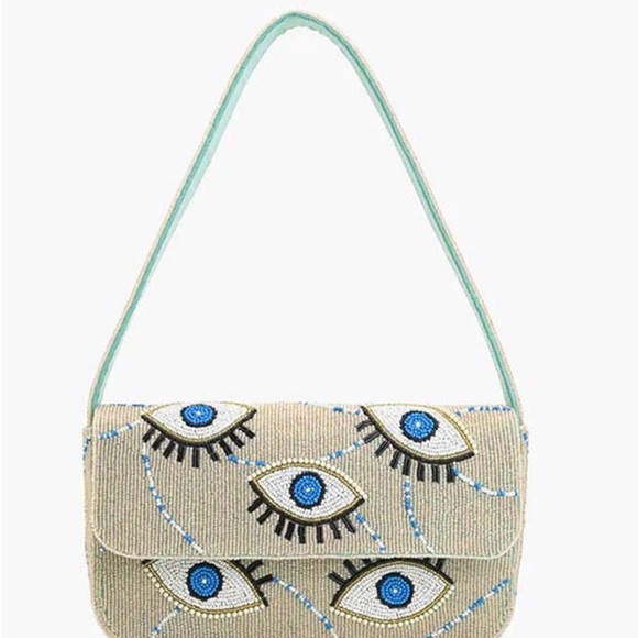 America & Beyond Embroidered Evil Eye Design Shoulder Bag - Cream and Blue - Picture 2 of 4